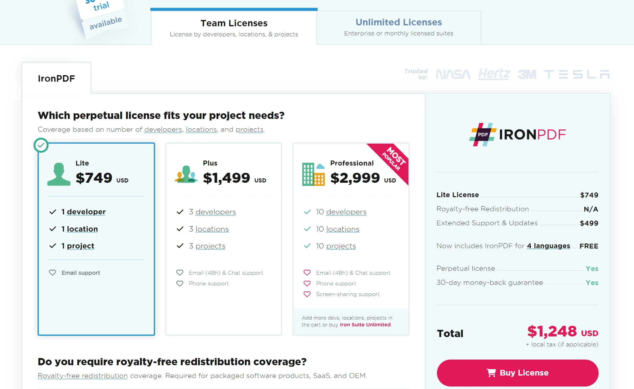 d3 NPM (How It Works For Developers): Figure 5 - IronPDF license page