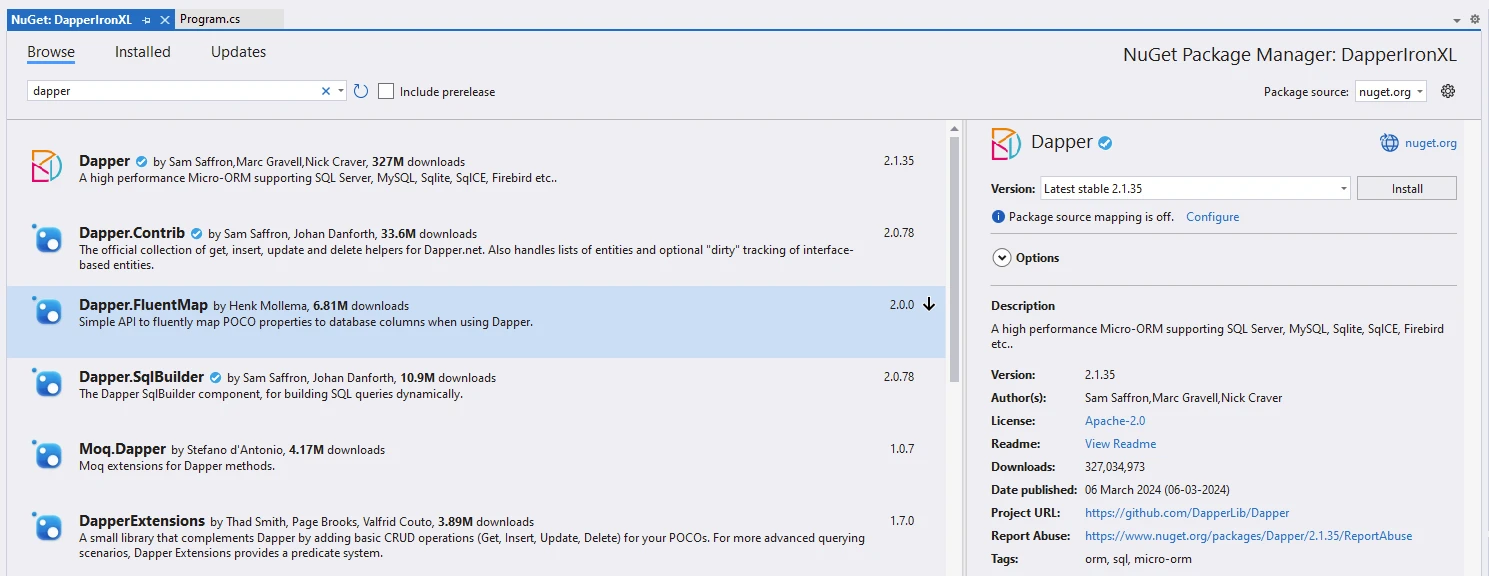 Dapper C# (How It Works For Developers): Figure 5 - Installing Dapper from Visual Studio Package Manager