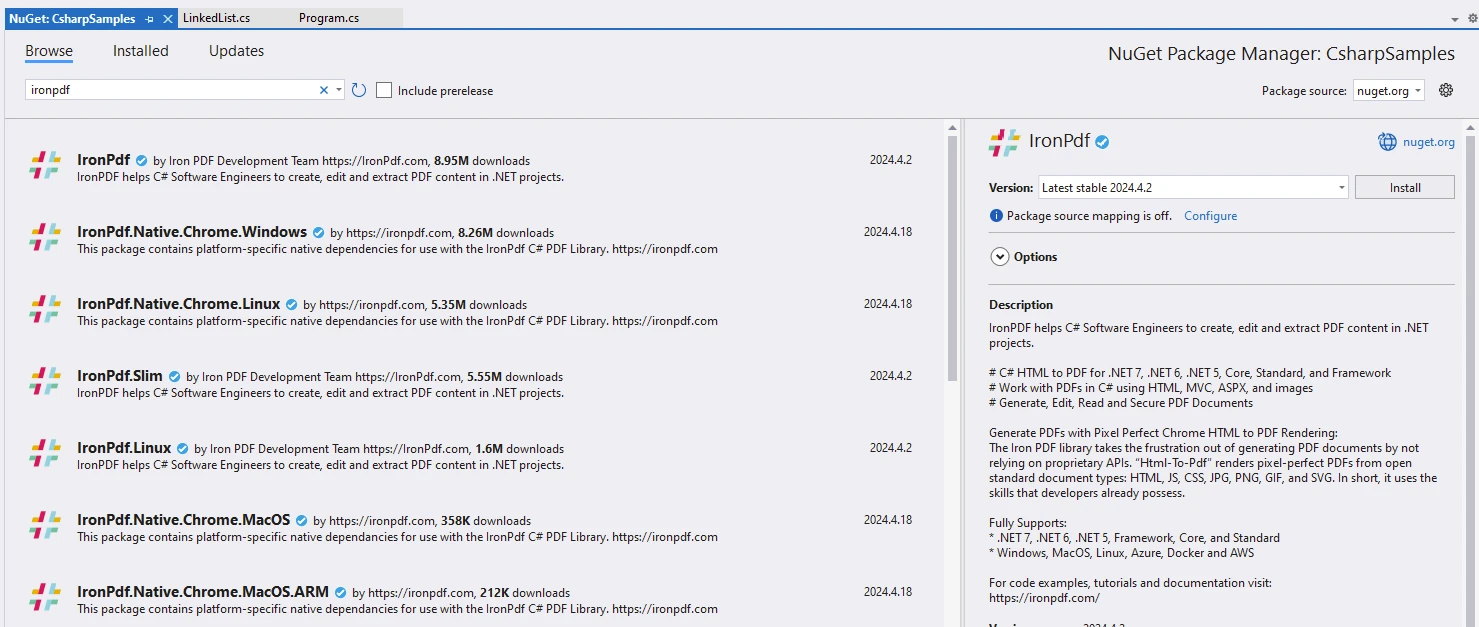 Dapper C# (How It Works For Developers): Figure 6 - Installing IronPDF from Visual Studio Package Manager