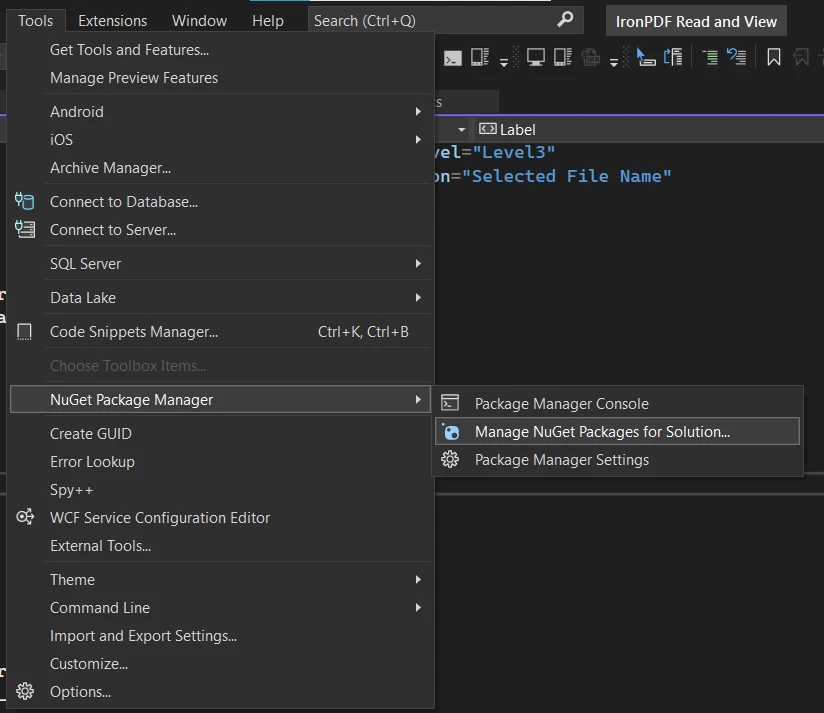 How to Display PDF Embedded Text in .NET MAUI, Figure 4: Navigate to NuGet Package Manager