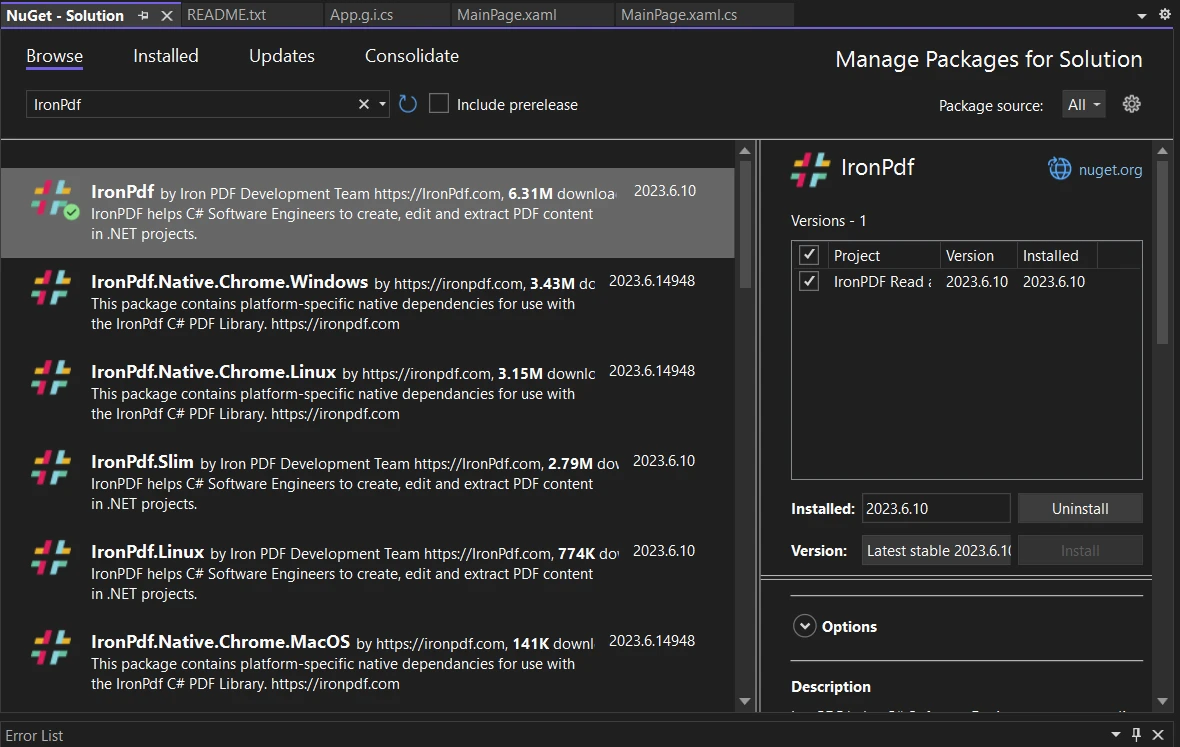 How to Display PDF Embedded Text in .NET MAUI, Figure 5: Search for IronPDF in NuGet Package Manager UI