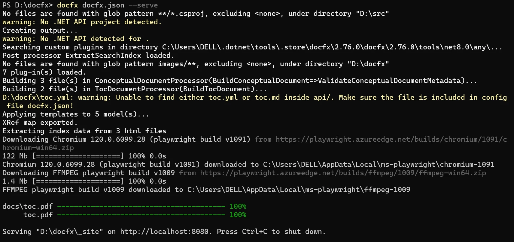 docfx C# (How It Works For Developers): Figure 3 - Using the command to create a new DocFX project in the current working directory