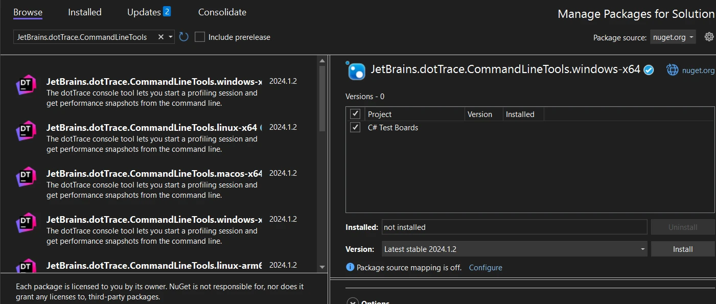 Dottrace .NET Core (How It Works For Developers): Figure 1 - The JetBrains.dotTrace package to install