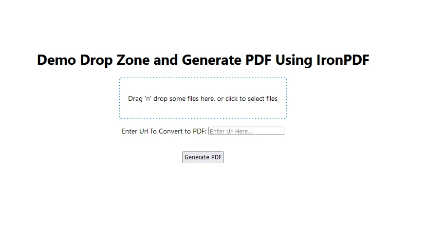 dropzone npm (How It Works For Developers): Figure 3 - Here's how your Next.js application integrating Dropzone and IronPDF looks like. You can enter the URL and click on Generate button to convert the URL's HTML content to PDF using IronPDF.