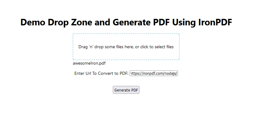 dropzone npm (How It Works For Developers): Figure 5 - You can download the generated awesomeIron.pdf file by selecting it from the link provided in the Dropzone.