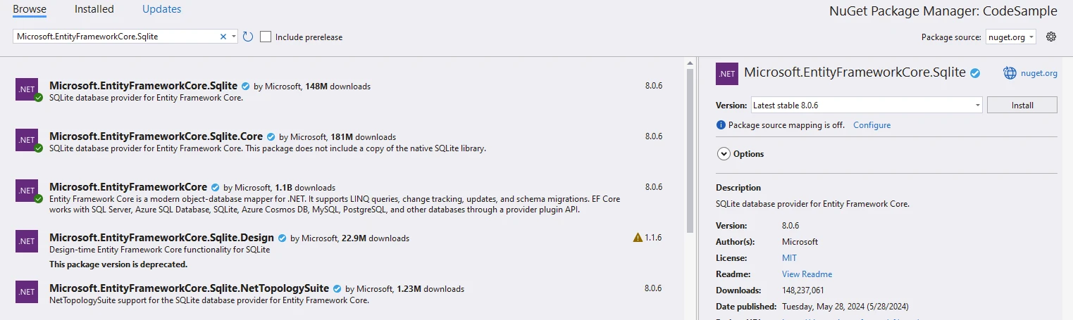 Entity Framework Core (How It Works For Developers): Figure 6 - Microsoft.EntityFrameworkCore.SqlLite package