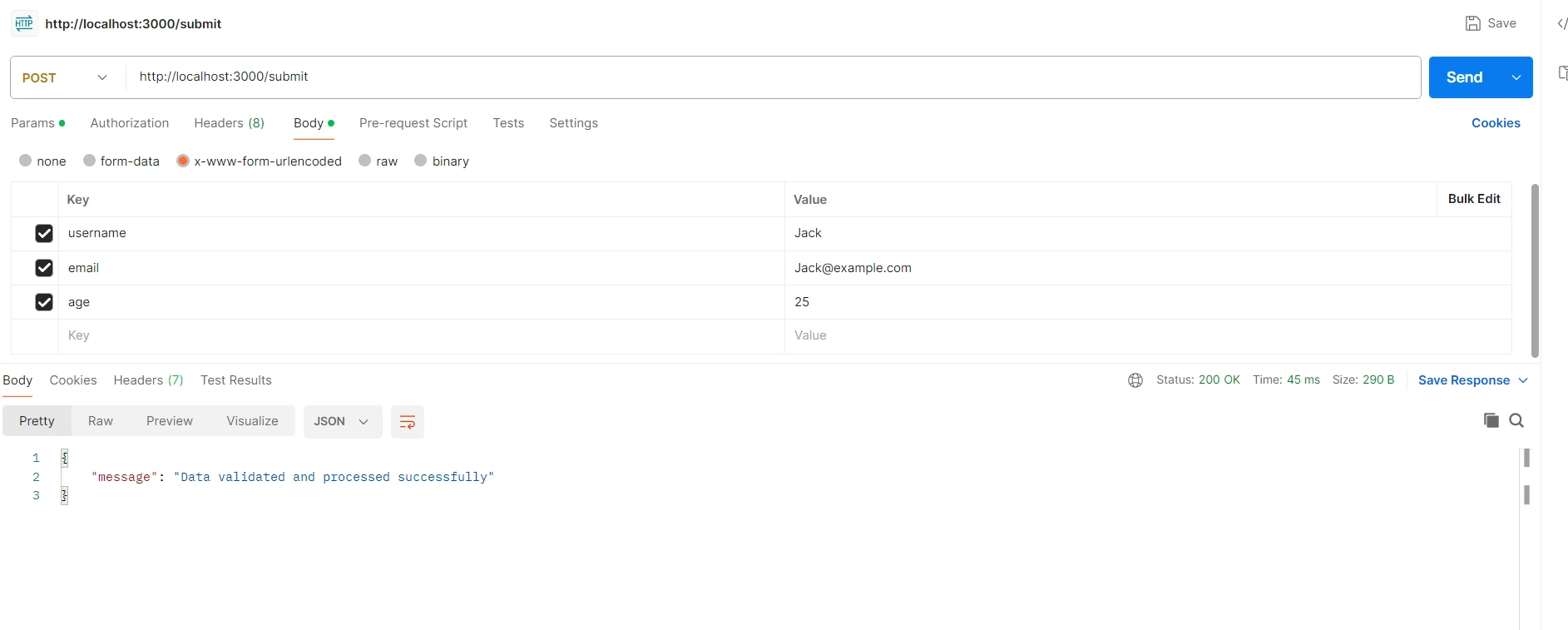 express validator npm (How It Works For Developers): Figure 3 - Postman output: Sending a request with data to the Express.js server on port 3000 using the Postman tool and performing validation using express-validator.