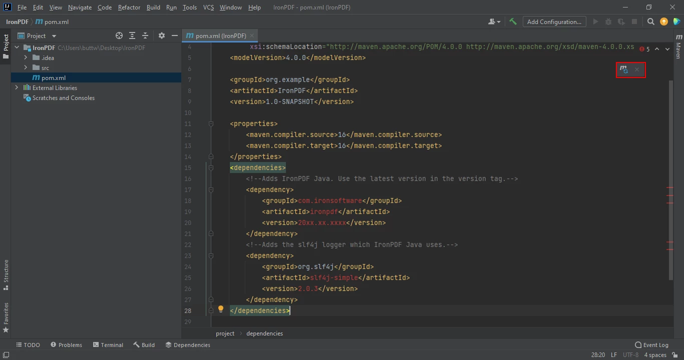 How to Extract Data From PDF in Java, Figure 4: Click the floating icon to install the Maven dependencies automatically