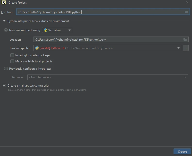 How to Extract Images From PDF in Python, Figure 2: Create a new Python project in PyCharm