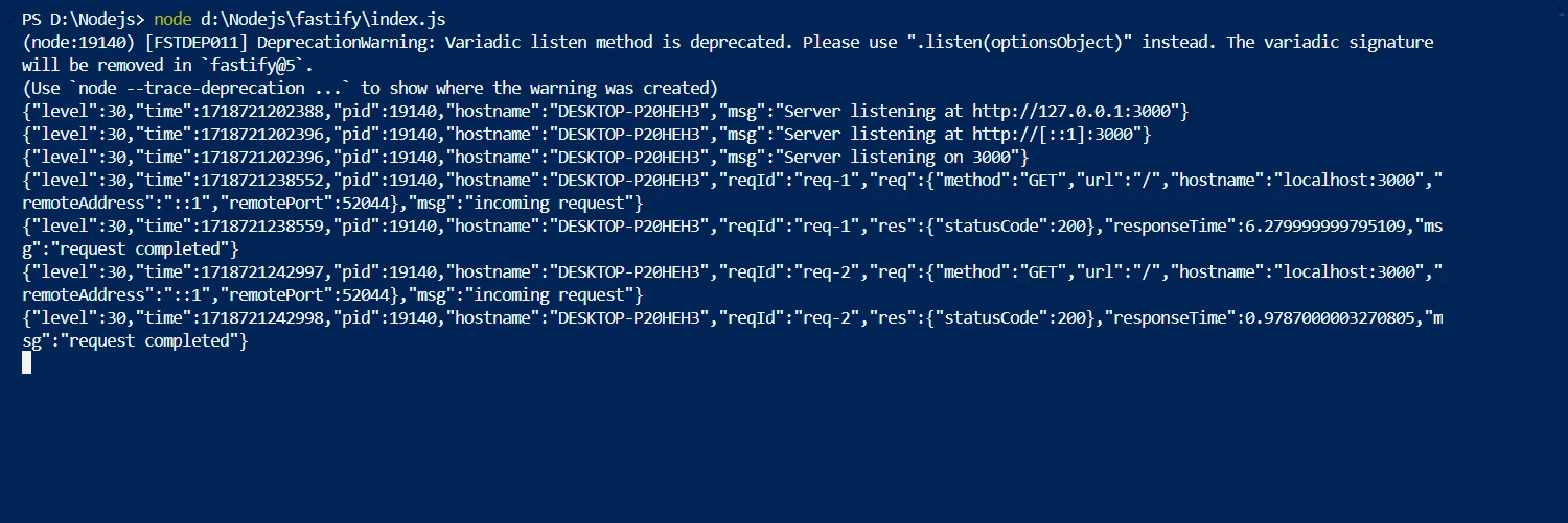 fastify npm (How It Works For Developers): Figure 2 - Console output after running the program which hosts the Fastify server locally on port 3000.