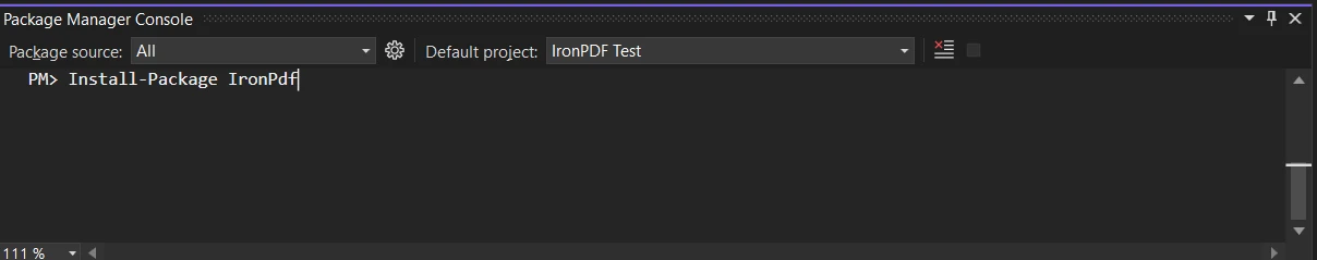 How to Use Fluent Validation With IronPDF in C#, Figure 5: Install the IronPdf package in the Package Manager Console