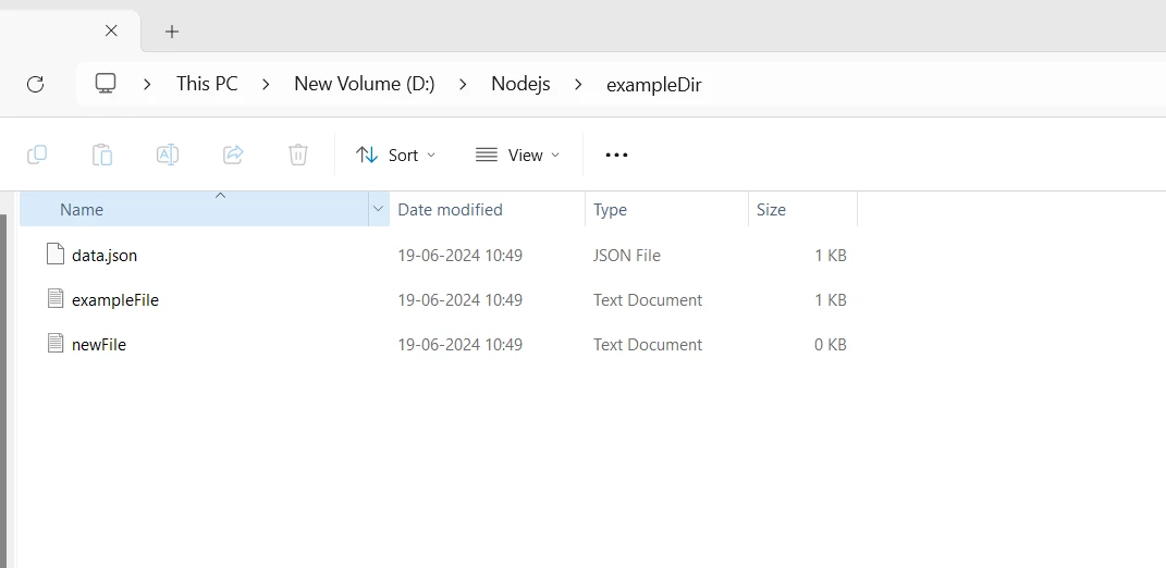 fs extra npm (How It Works For Developers): Figure 3 - File explorer output displaying the exampleDir directory and files created programmatically using fs-extra library in Node.js application