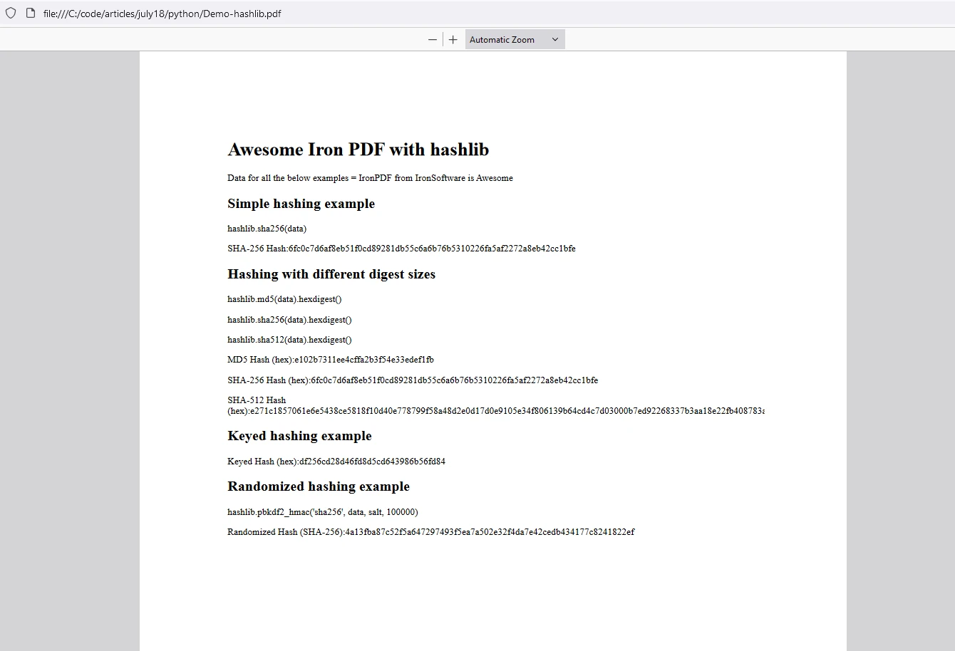 hashlib Python ((How It Works: A Guide for Developers)): Figure 3 - Example PDF ouput using IronPDF