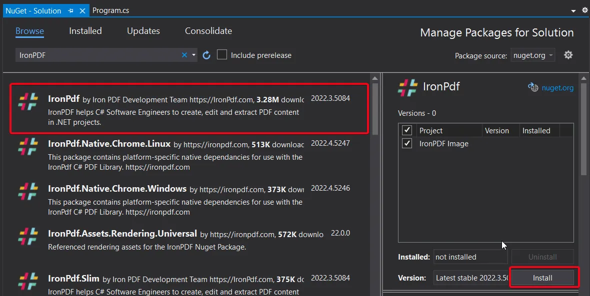 How to Add Images in PDF using C#, Figure 4: Install the IronPdf package from the NuGet Package Manager