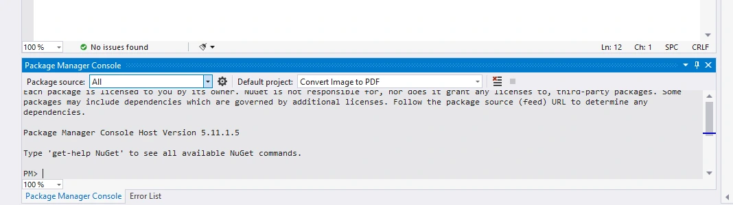 如何用 C# 将图像转换为 PDF[代码示例教程]图 2：软件包管理器控制台用户界面