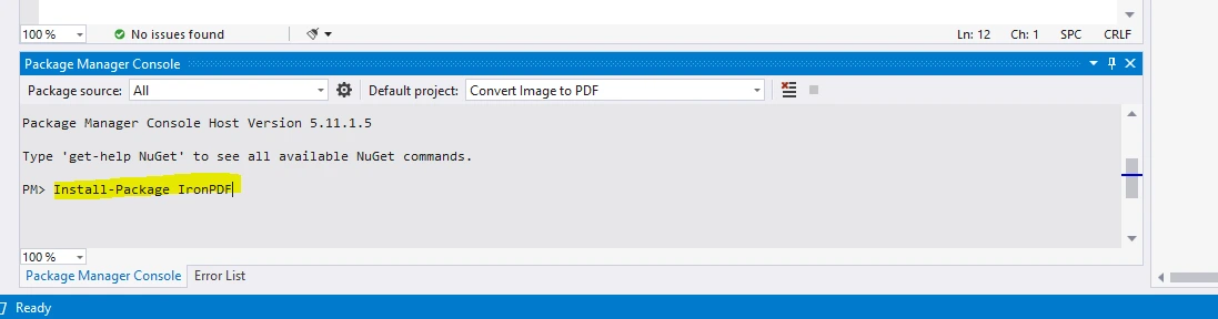 如何用 C# 将图像转换为 PDF[代码示例教程]图 3：在软件包管理器控制台中安装 IronPdf 软件包