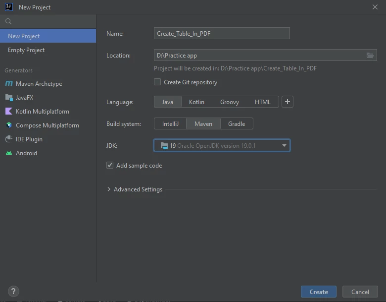 How to Create a Table in a PDF Document Using Java (Tutorial), Figure 1: IntelliJ IDE New Project Window