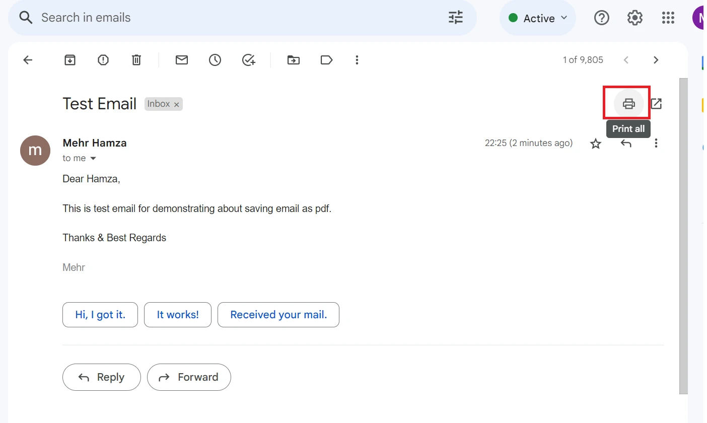 How to Save Email as PDF (Beginner Tutorial): Figure 2 - The print dialogue highlighted in the top right corner of the email in Gmail.