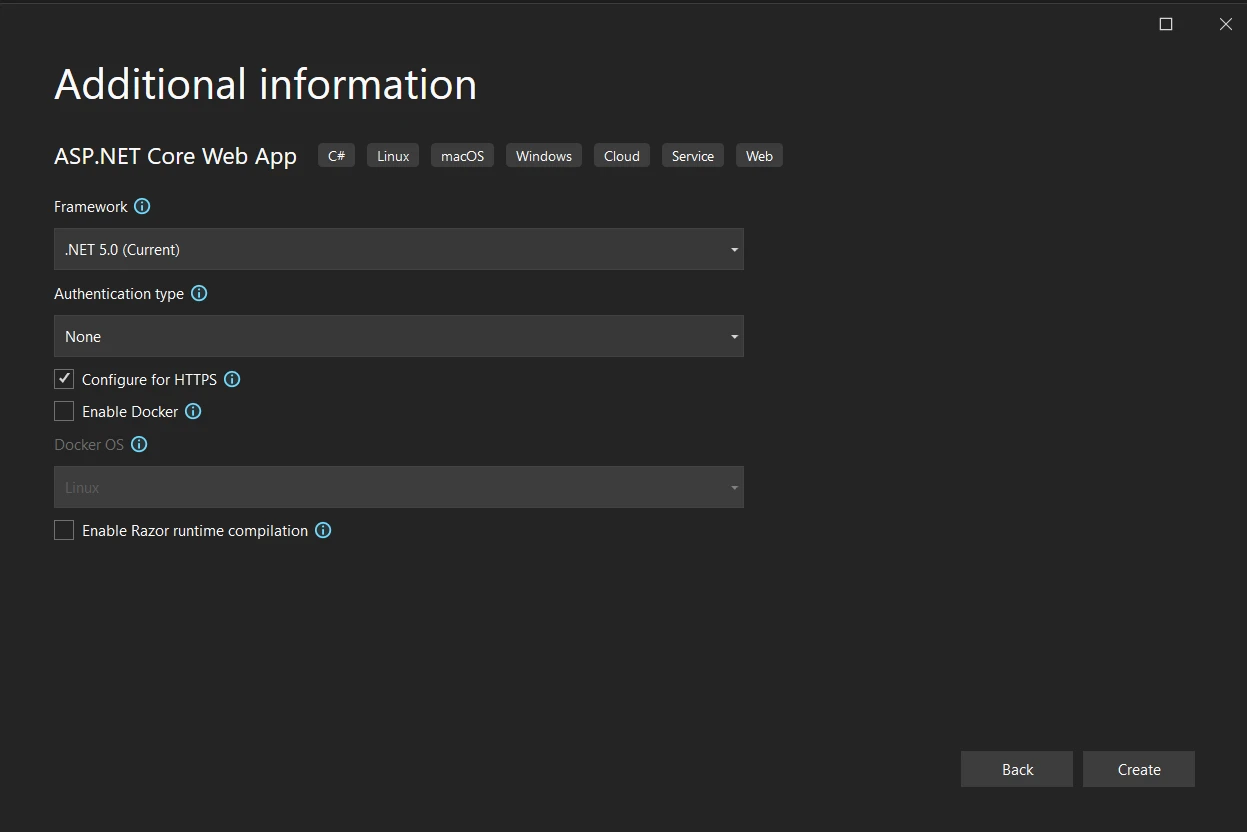 IdentityServer .NET (How It Works For Developers): Figure 4 - Specify additional information like Framework, Authentication type, select whether you want configure for HTTPs and enable Docker. Then click on Create.