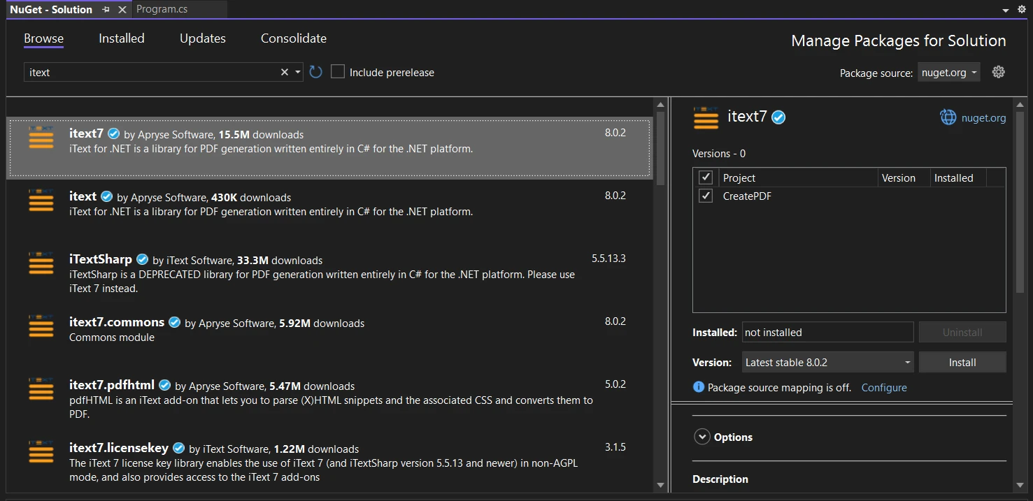 A Comparison of Creating PDF in C# Between Itextsharp and IronPDF Figure 2 - Browsing for iText 7