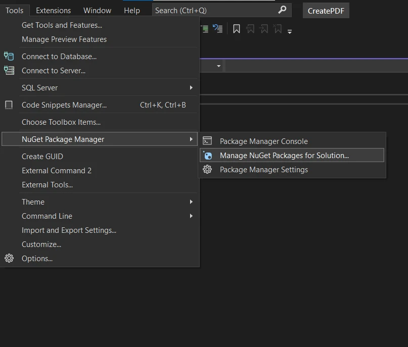 iTextSharp HTML to PDF With CSS Styles C# Example vs (IronPDF) Figure 2 - Another way to install iTextSharp in your Visual Studio project: Navigate to the Tools menu, select the NuGet Package Manager > Manage NuGet Packages for Solution.