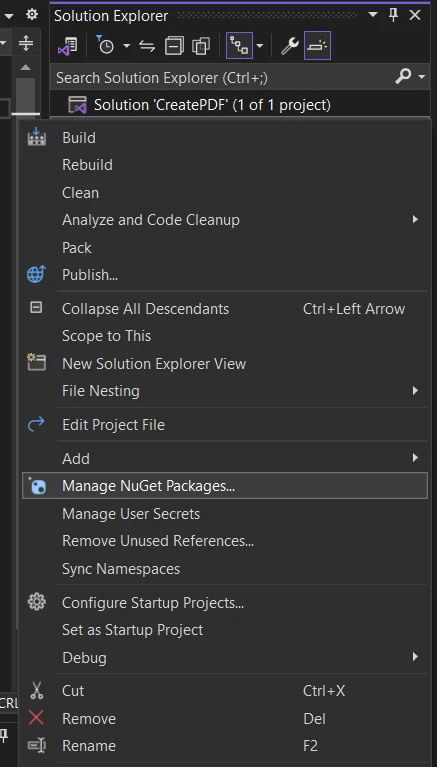 iTextSharp HTML to PDF With CSS Styles C# Example vs (IronPDF) Figure 6 - Another way to install IronPDF library in your Visual Studio project: Right-click on the project in the Solution Explorer and select Manage NuGet Packages option.