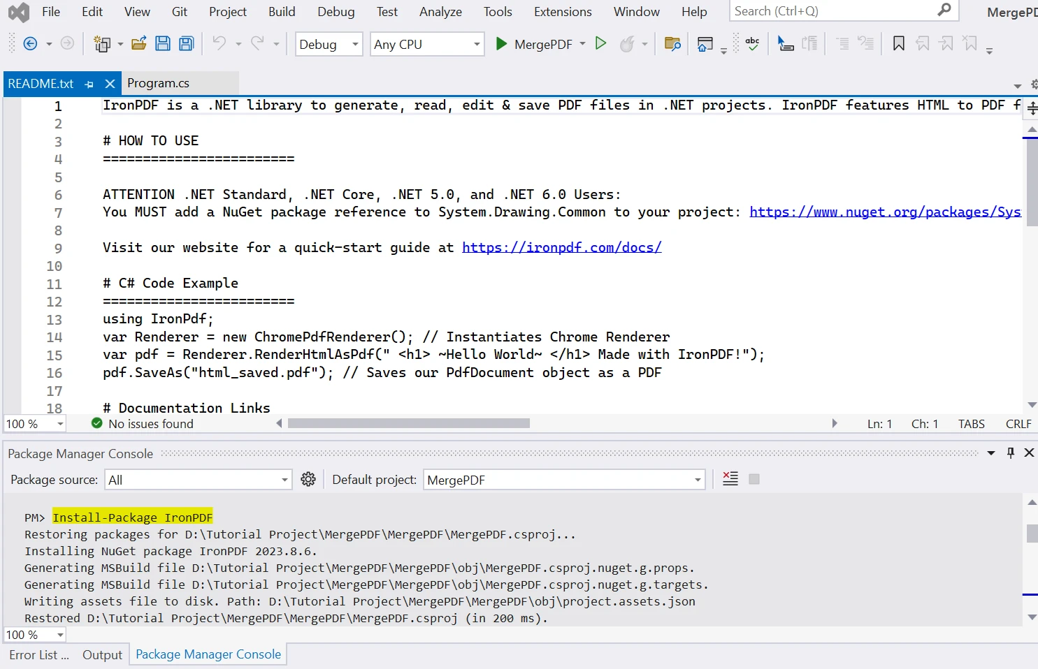 **How to Merge PDF Files Using iTextSharp: Figure 1 - The completed installation shown in the inbuilt terminal in Visual Studio.