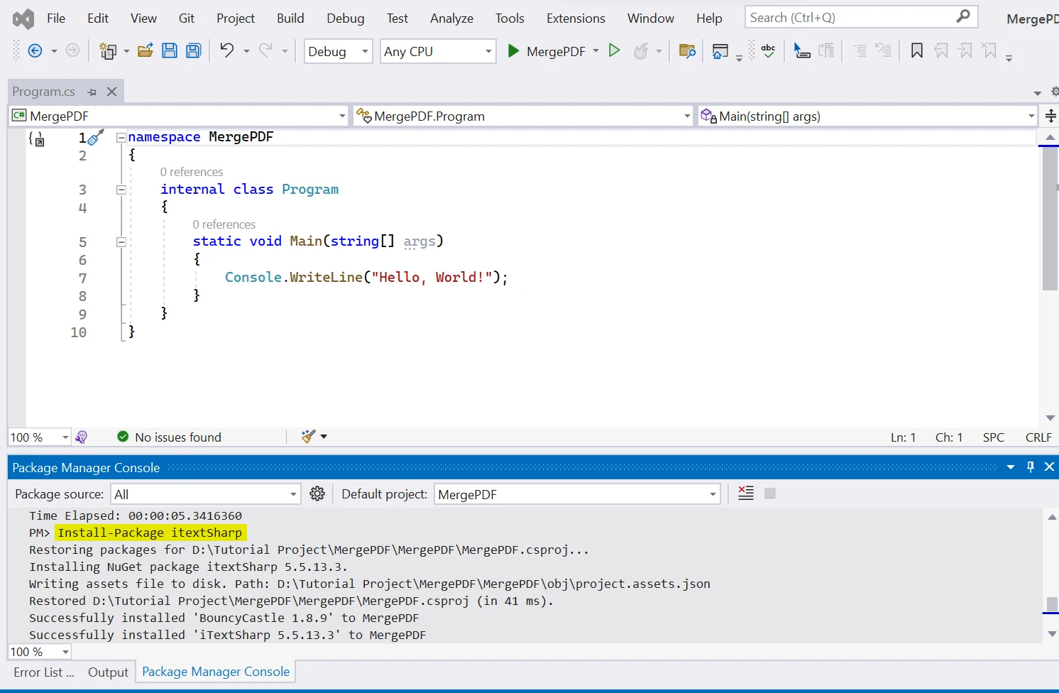 **How to Merge PDF Files Using iTextSharp**: Figure 2 - The completed installation shown in the inbuilt terminal in Visual Studio.