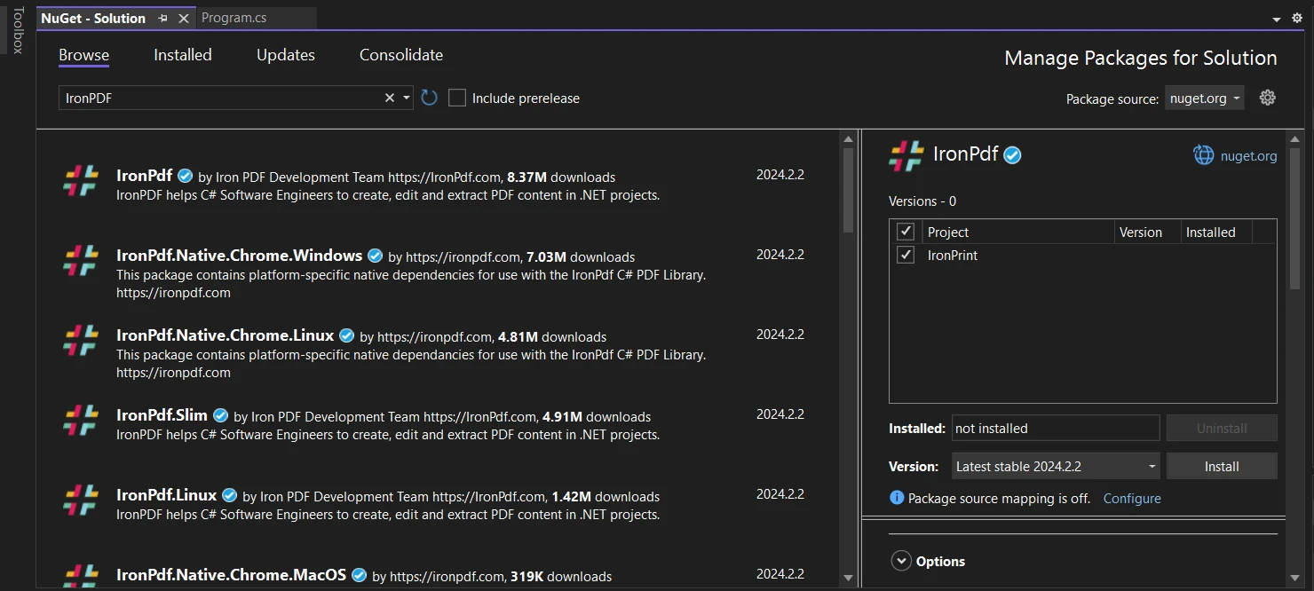 How to Read PDF Documents in C# using iTextSharp:: Figure 5 - Install IronPDF using the Manage NuGet Package for Solutions by searching "IronPDF" in the search bar of NuGet Package Manager, then select the project and click on the Install button.