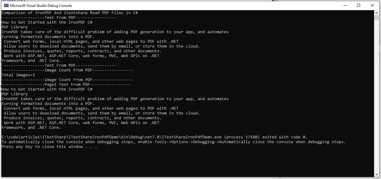 iTextSharp Read PDF Alternatives (Developer Tutorial): Figure 9 - Read PDF Using IronPDF Output