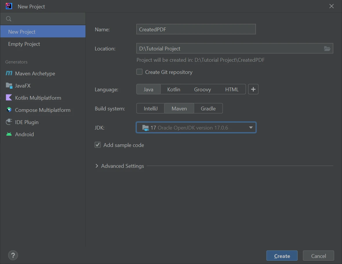 How to Create PDF From Template in Java, Figure 1: Create new Java Project Using IntelliJ IDEA