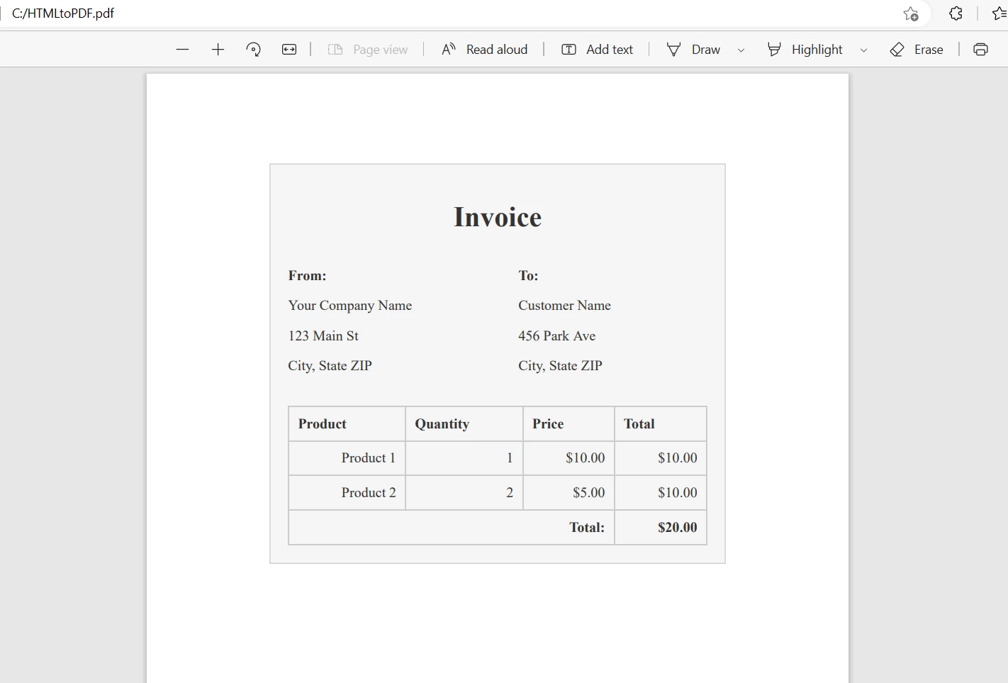 Java Library PDF Generation (Full Code Example), Figure 1: The output PDF file from an HTML string