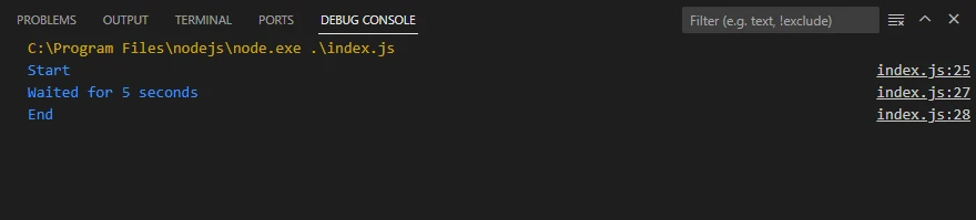 JavaScript Wait 5 Seconds (How It Works For Developers): Figure 1 - Console output using the JavaScript setTimeout() function and waiting for 5000 milliseconds or 5 seconds.  