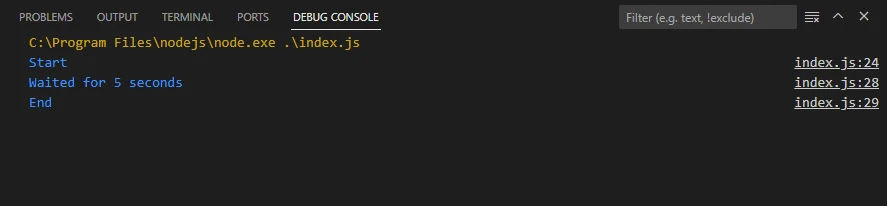 JavaScript Wait 5 Seconds (How It Works For Developers): Figure 4 - Console output using a Promise and the JavaScript delay() and then() functions and waiting for 5 seconds.