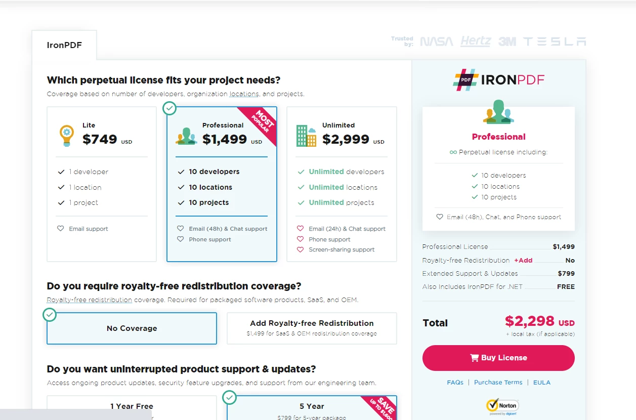 A Comparison Between IronPDF For Java and jPDFPrint: Figure 7 - Licensing Options