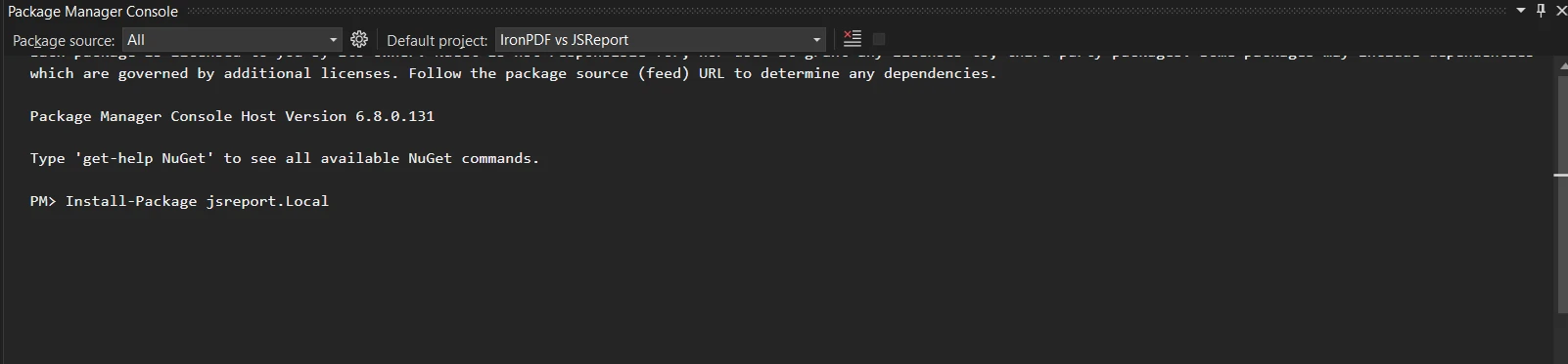 A Comparison of Between Jsreport and IronPDF: Figure 12 - Install jsreport.Local