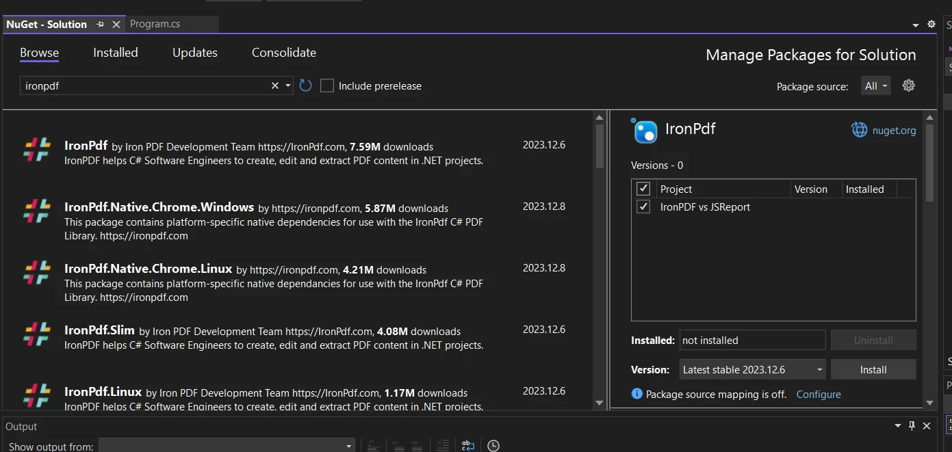 A Comparison of Between Jsreport and IronPDF: Figure 6 - Install IronPDF