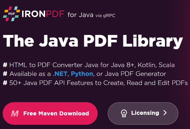 Junit Java (How It Works For Developers): Figure 4 - IronPDF homepage: The Java PDF Library