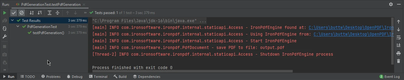 Junit Java (How It Works For Developers): Figure 5 - Console output from running the Junit test above, checking the successful creation of PDFs