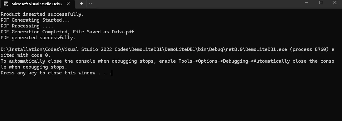 LiteDB .NET (How It Works For Developers): Figure 3 - Console output from the previous code