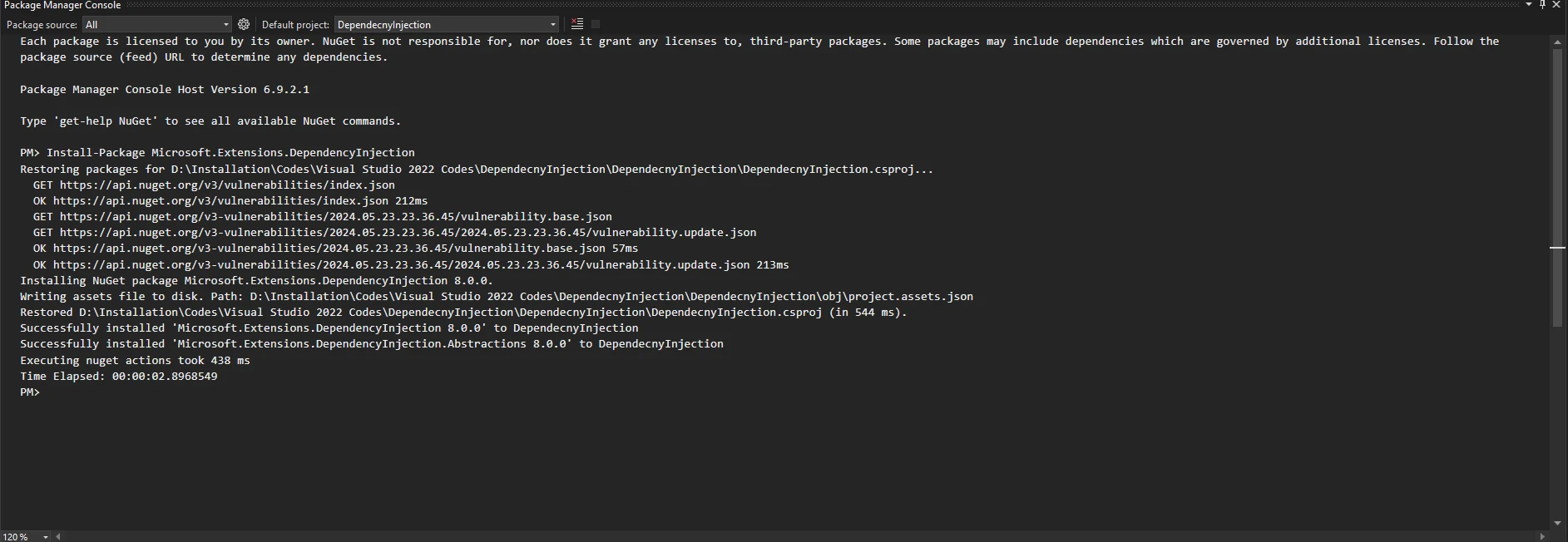 Microsoft.Extensions.DependencyInjection .NET 6 (Working With PDF): Figure 2 - Type the command to the terminal to install the package