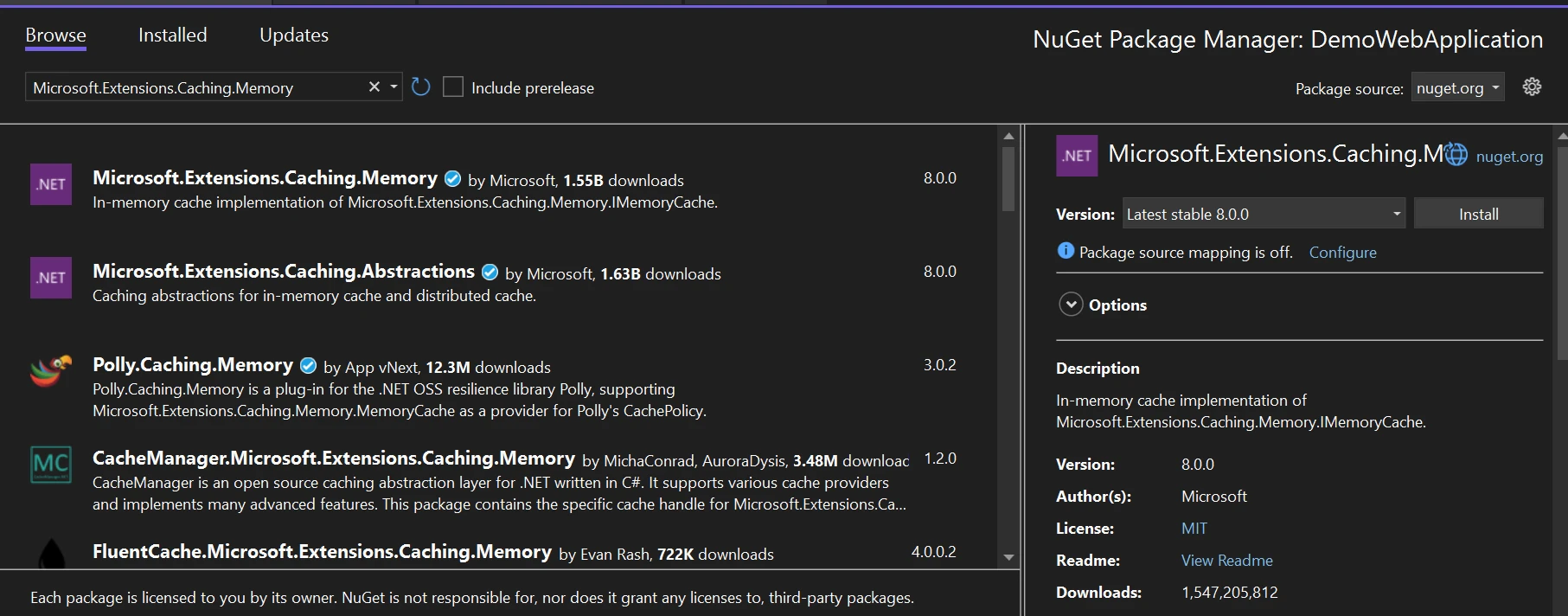 Microsoft.Extensions.Caching.Memory Example (With PDF) in C#: Figure 1 - Search for Microsoft.Extensions.Caching.Memory in NuGet Package Manager and install it