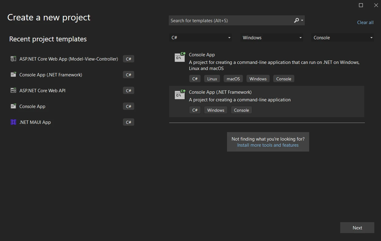 MySqlclient C# (How It Works For Developers): Figure 1 - The Visual Studio Application page: Select "New Project" - Select "Console application"