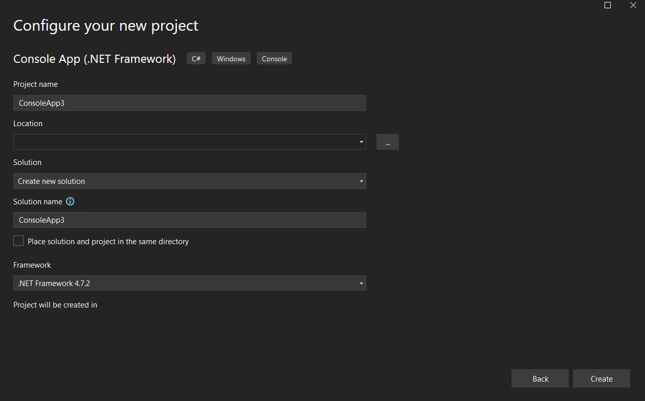 MySqlclient C# (How It Works For Developers): Figure 2 - Next, configure you project by specifying the desired project name and folder path location. Select the corresponding .NET Framework for your project and click on "Create" button.