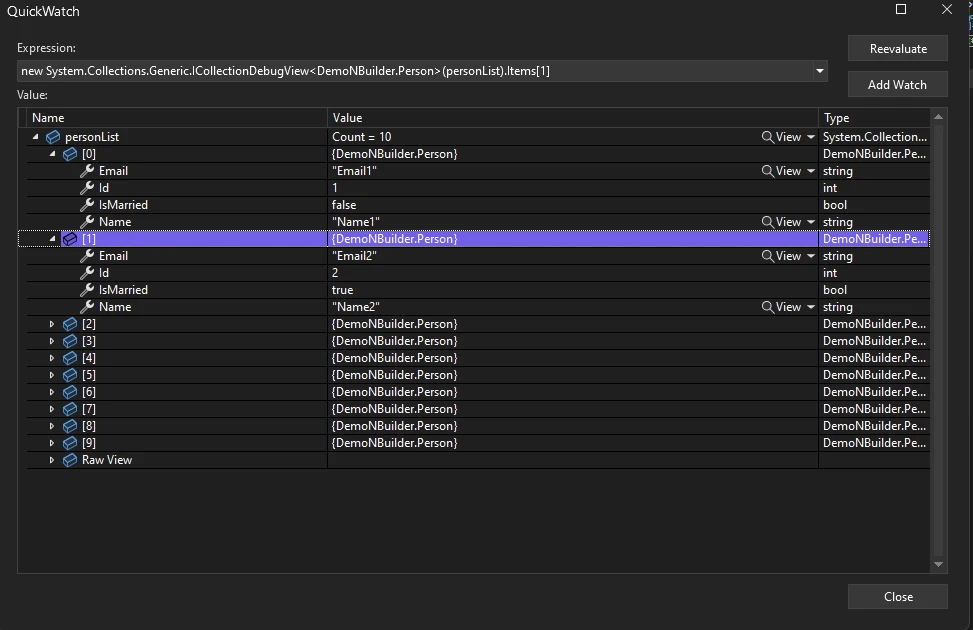 NBuilder .NET (How It Works For Developers): Figure 4 - Person object list