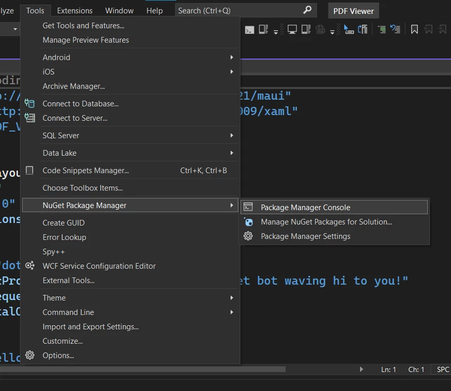 How to View PDF in .NET MAUI (Step-by-Step) Tutorial, Figure 1: Package Manager Console