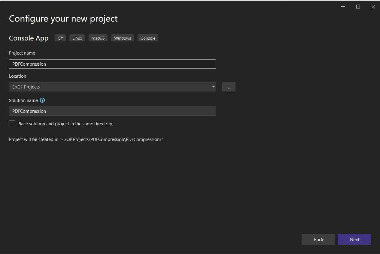 How to Compress PDF Files in .NET Library, Figure 2: Configure project details