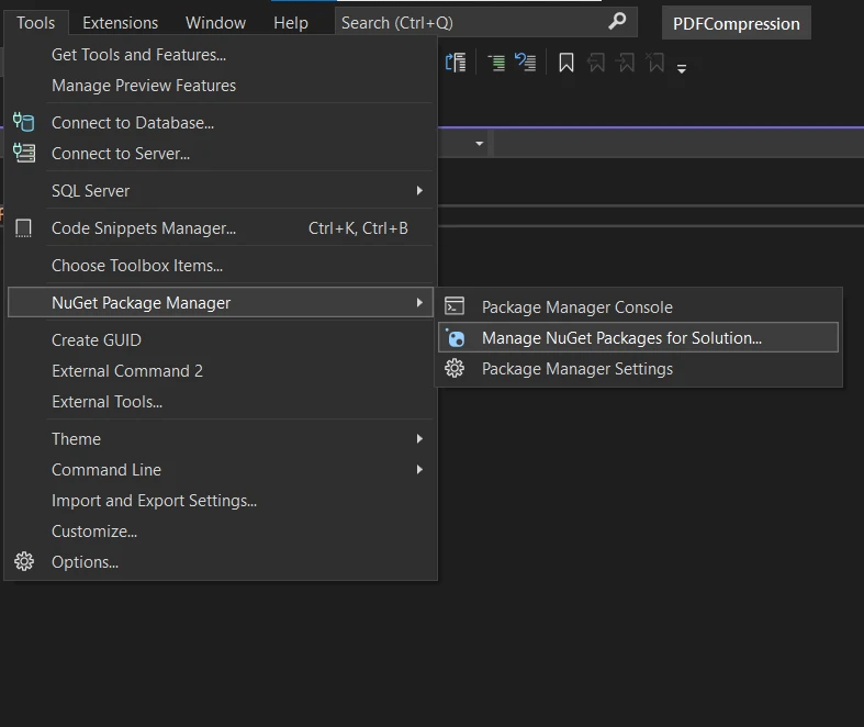 How to Compress PDF Files in .NET Library, Figure 3: Navigate to NuGet Package Manager