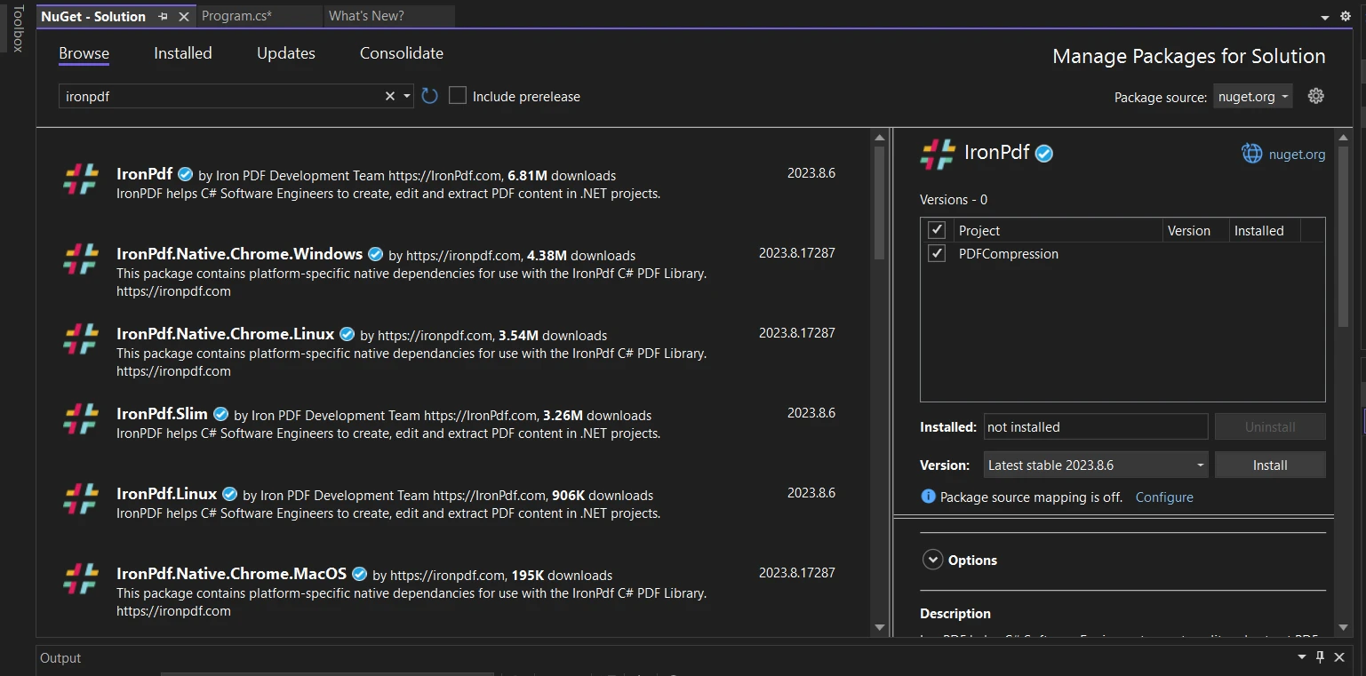 How to Compress PDF Files in .NET Library, Figure 4: Search for IronPDF in NuGet Package Manager UI