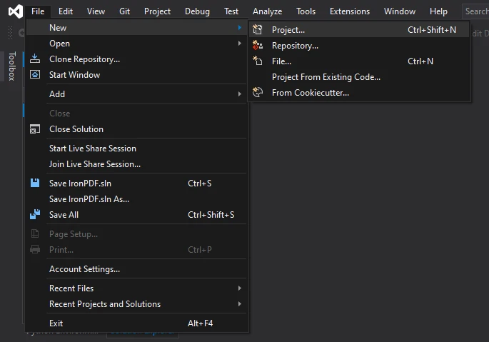 How to Convert PDF to PNG in .NET, Figure 1: The Project dropdown in Visual Studio